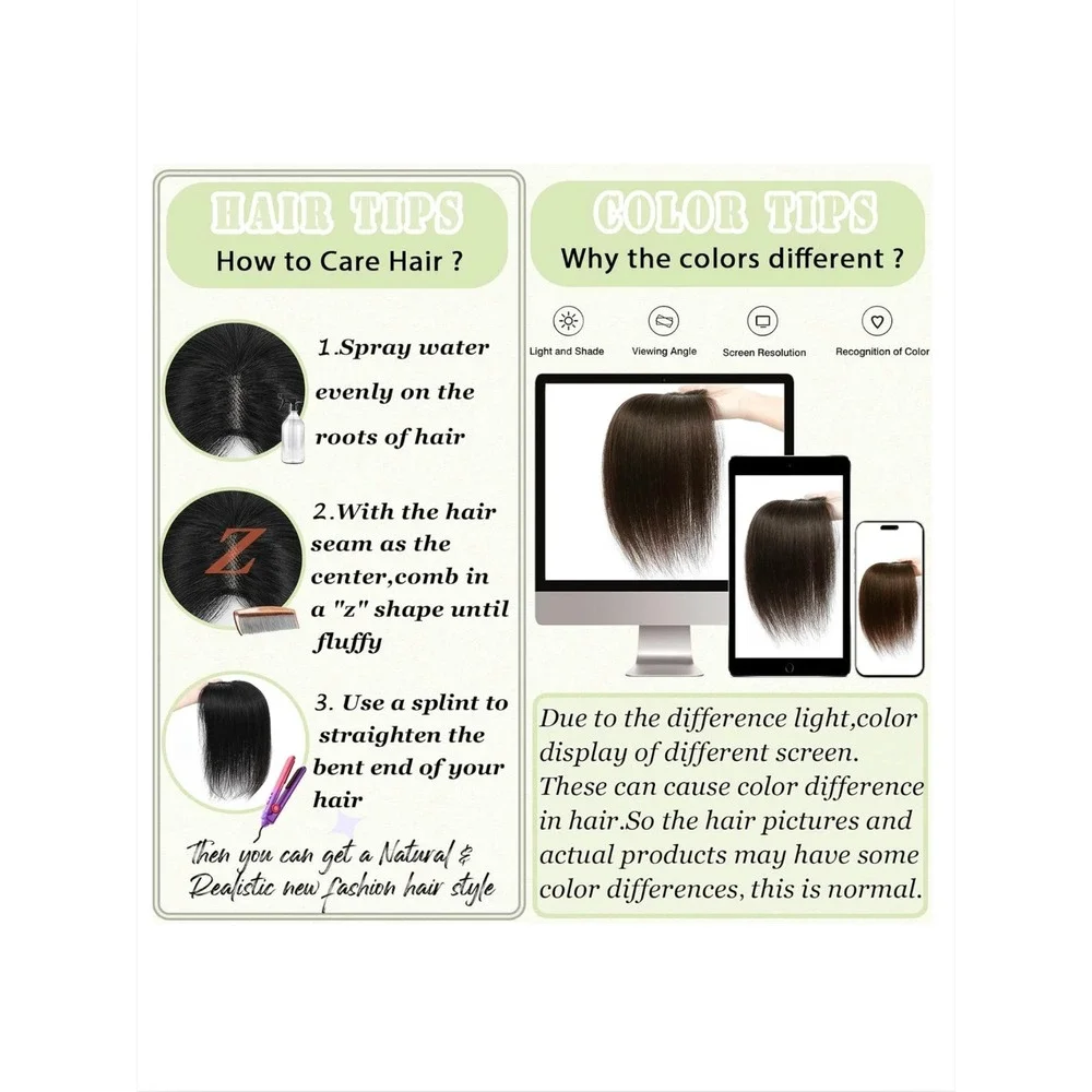 OOPPOO Black Human Hair Topper 360 3D Cover Side Bangs Thinning Crown Hairpiece